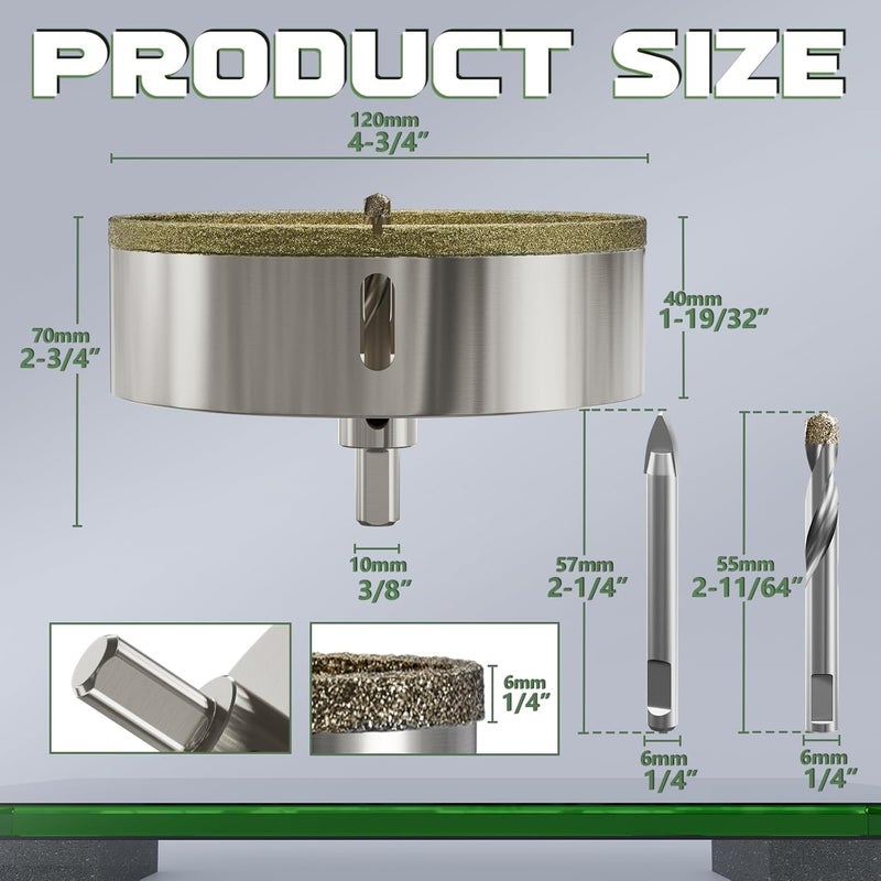 CSOOM 4-3/4"(120mm Diamond Hole Saw with Center Drill Bit, One-Touch Positioning, Easy to Penetrate Hard Materials Such as Ceramic, Tile, Glass, Granite, Marble, etc. - Image 2